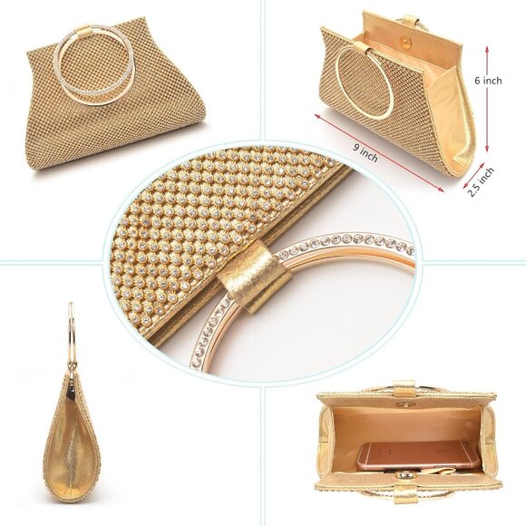 Women Gold Crystal Clutch Purses Bride and Bridesmaid Elegant Wristlet Evening